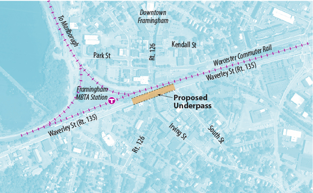 Map showing the location of the Route 126/Route 135 grade separation project in Framingham.